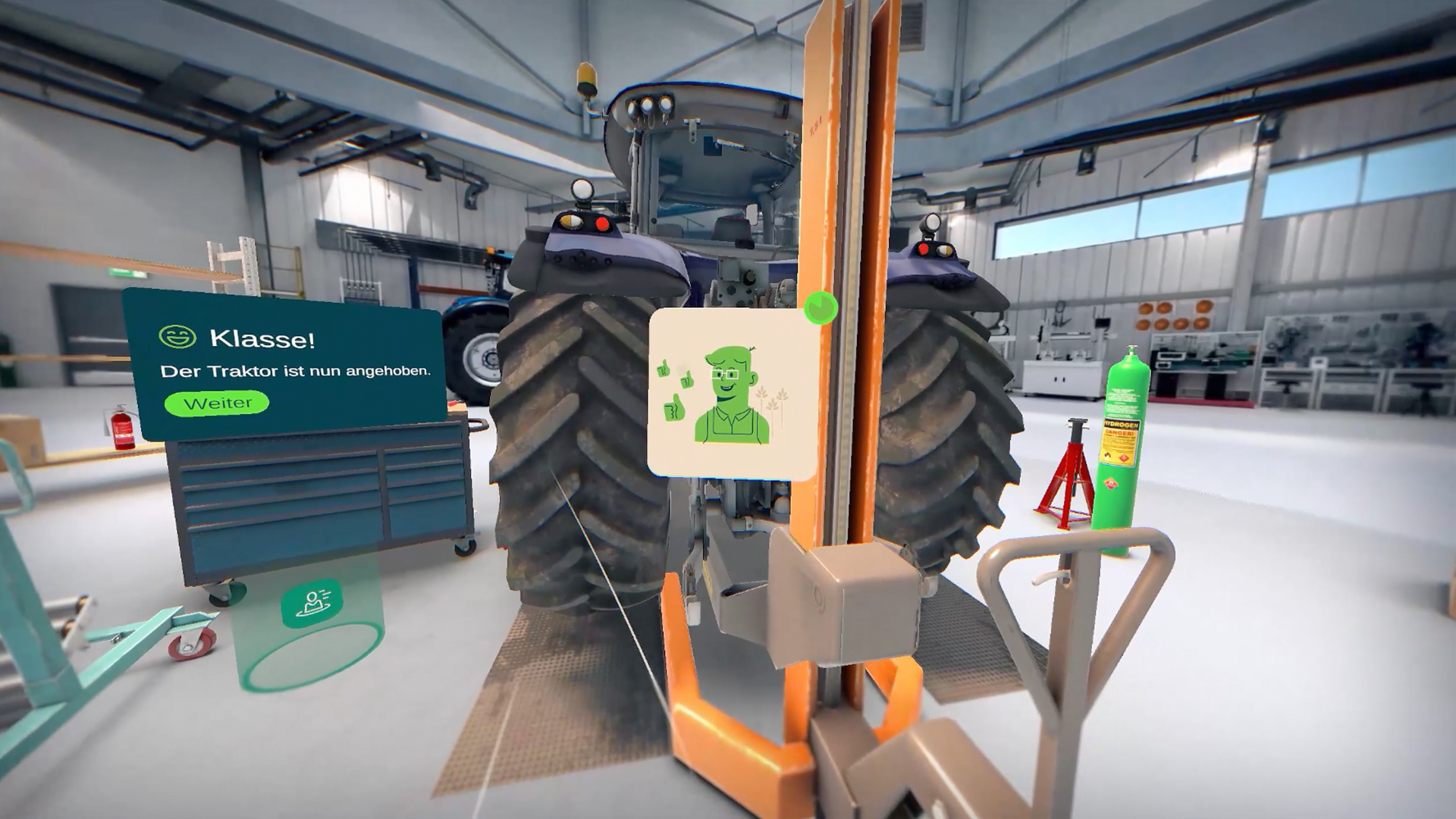 Arbeitsschritt in VR-Lernwelt mit Traktor und Overlay