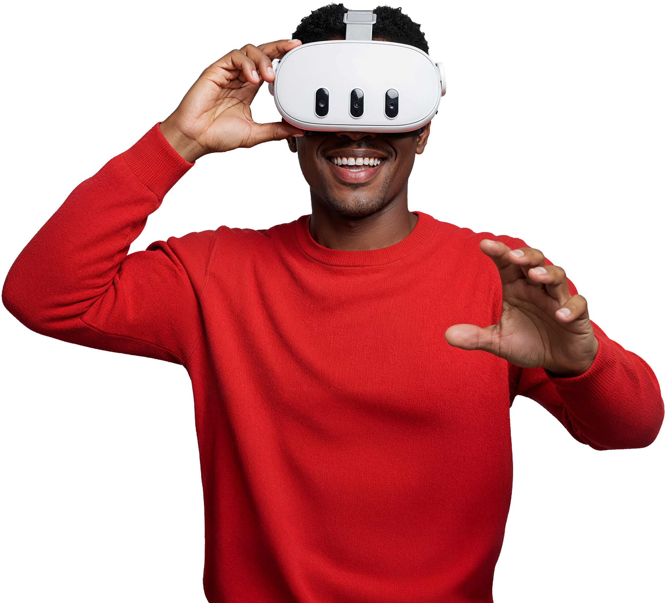 Mann in rotem Pullover mit VR-Brille