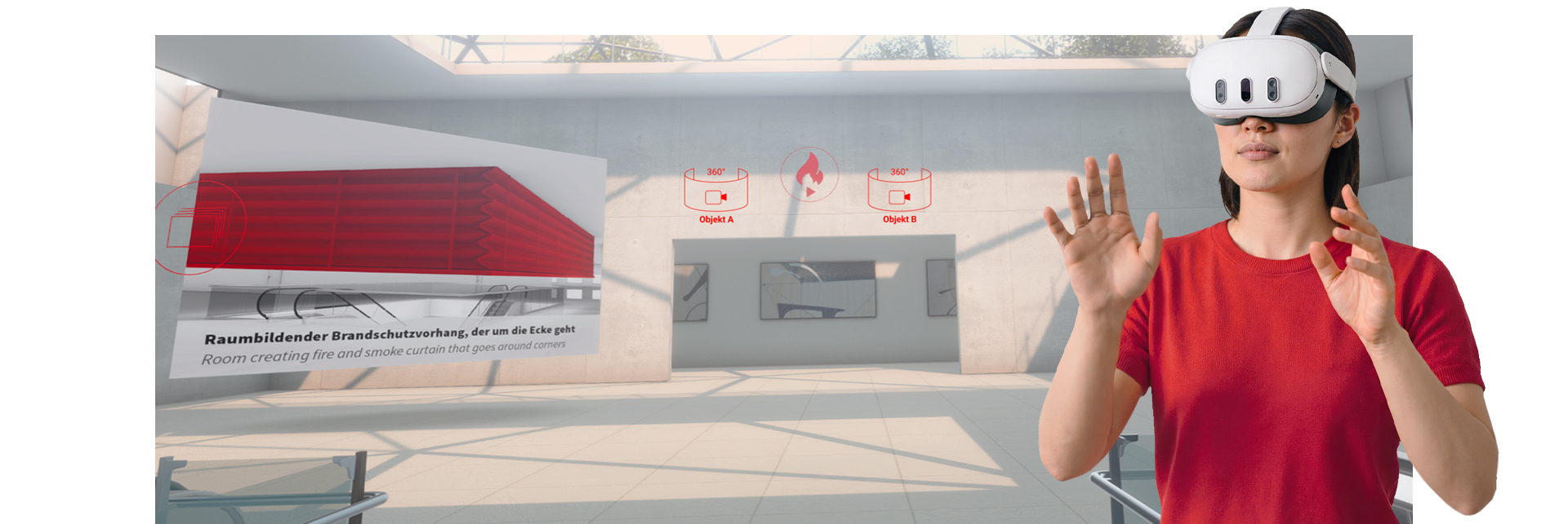 Nutzerin in virtueller Einkaufspassage mit Produktdarstellung und VR-Menü-Overlays