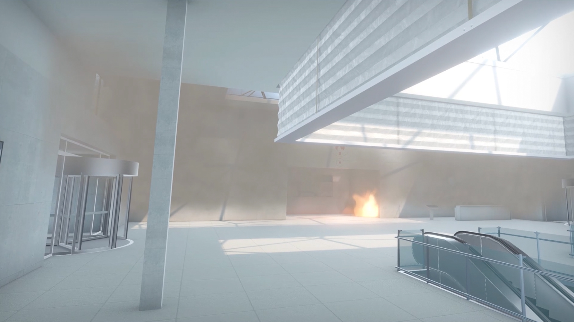 Virtuelle Einkaufspassage mit Feuer- und Rauchentwicklung