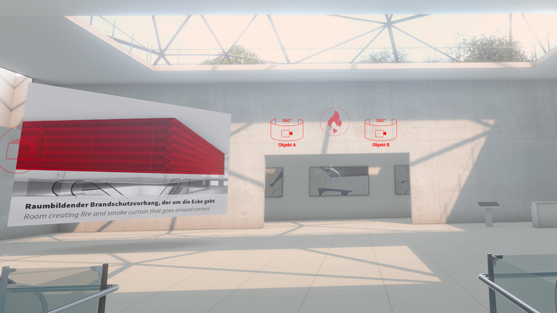 Virtuelle Einkaufspassage mit Produktdarstellung und Overlays