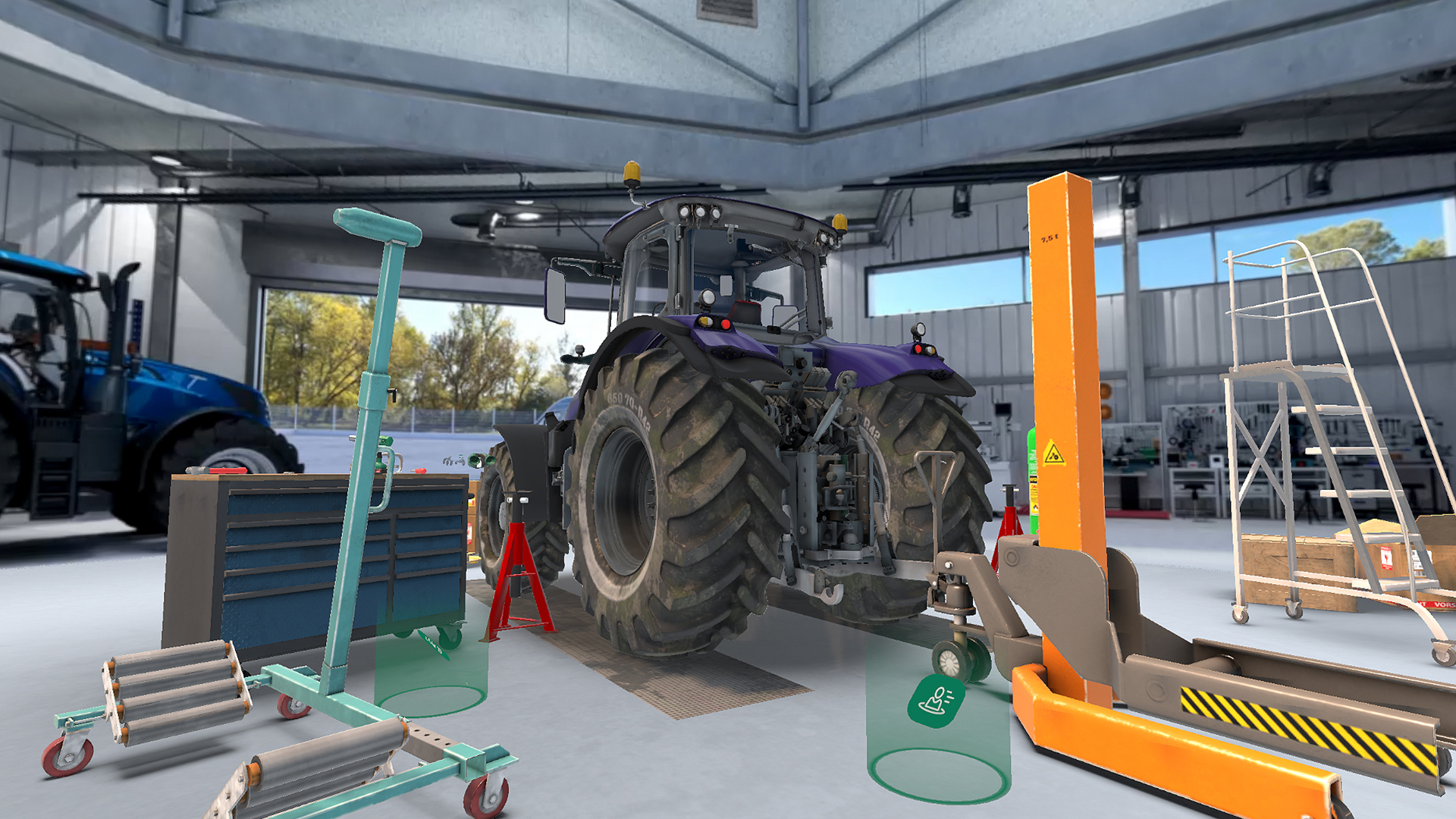 VR-Umgebung mit Traktor und Arbeitsgeräten
