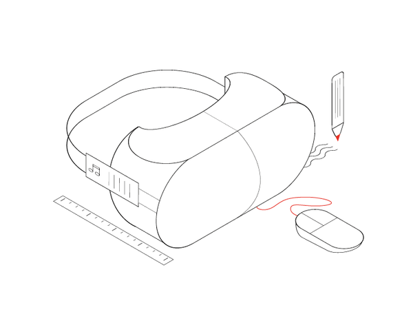 Animierte VR-Brille mit Maus, Stift und Lineal