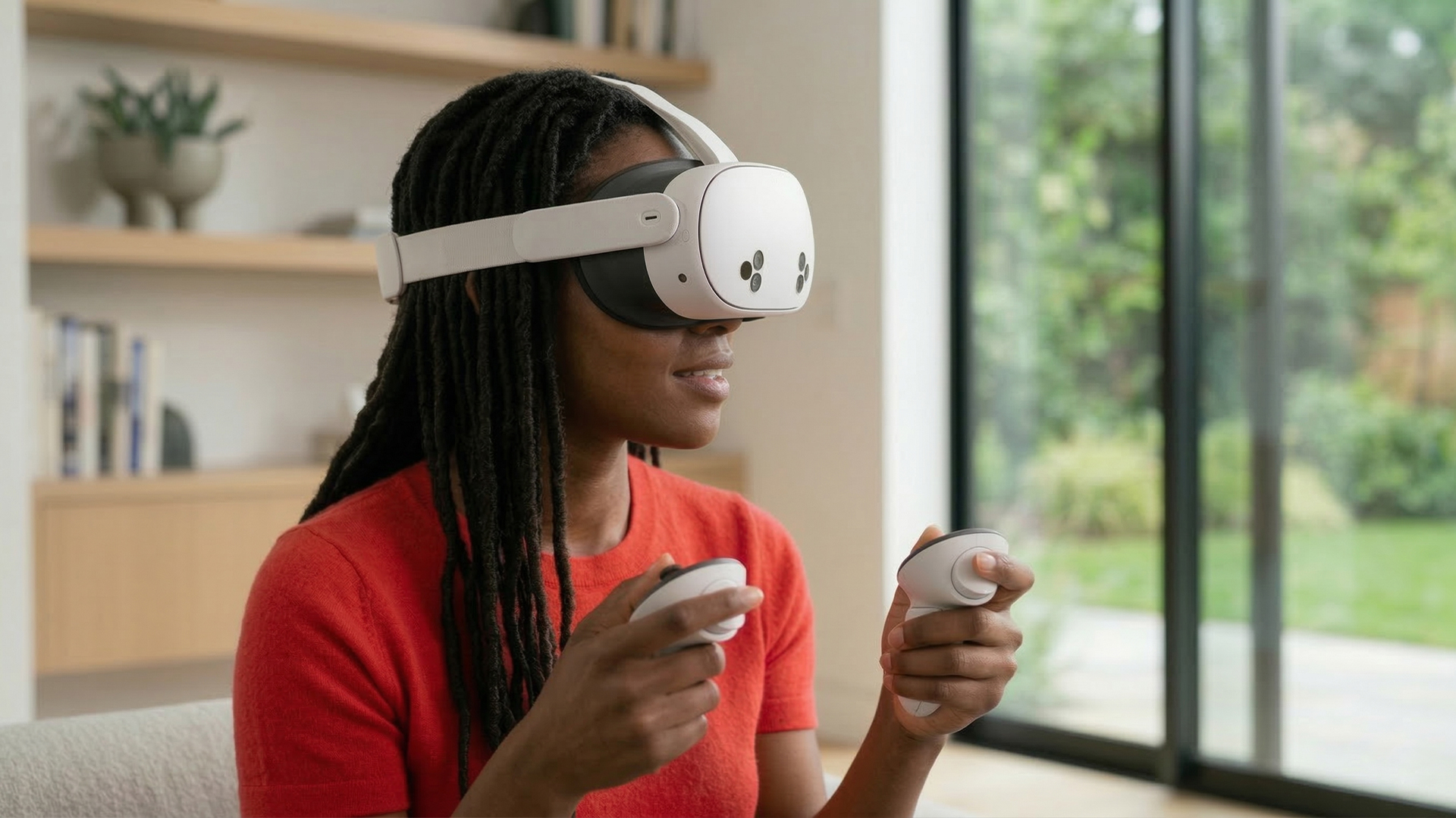 Frau mit VR-Brille und Controllern