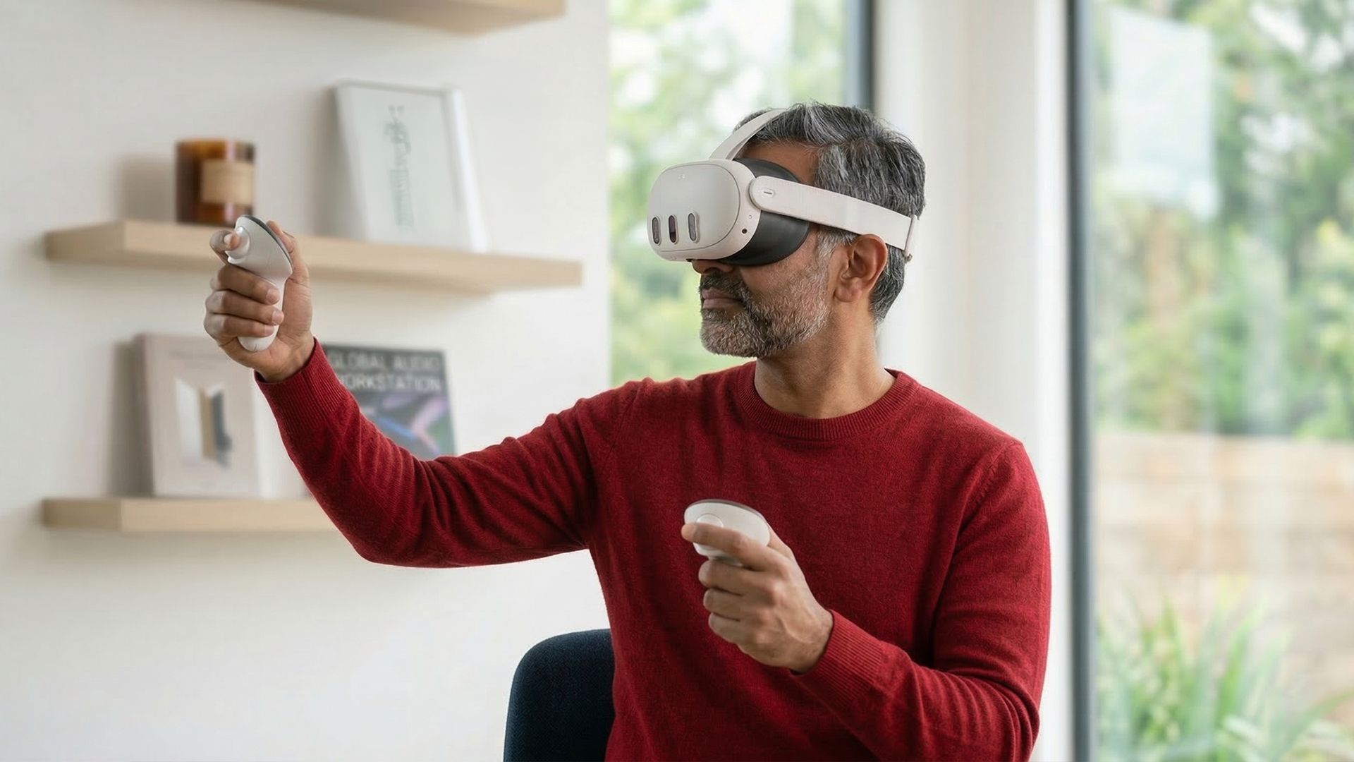 Mann mit VR-Brille und Controllern