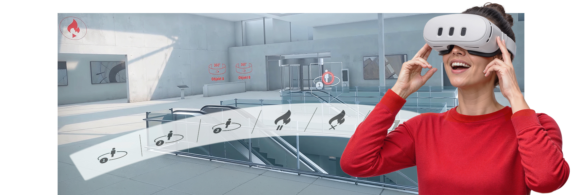 Frau mit VR-Brille, im Hintergrund virtuelle Einkaufspassage mit interaktivem Menü