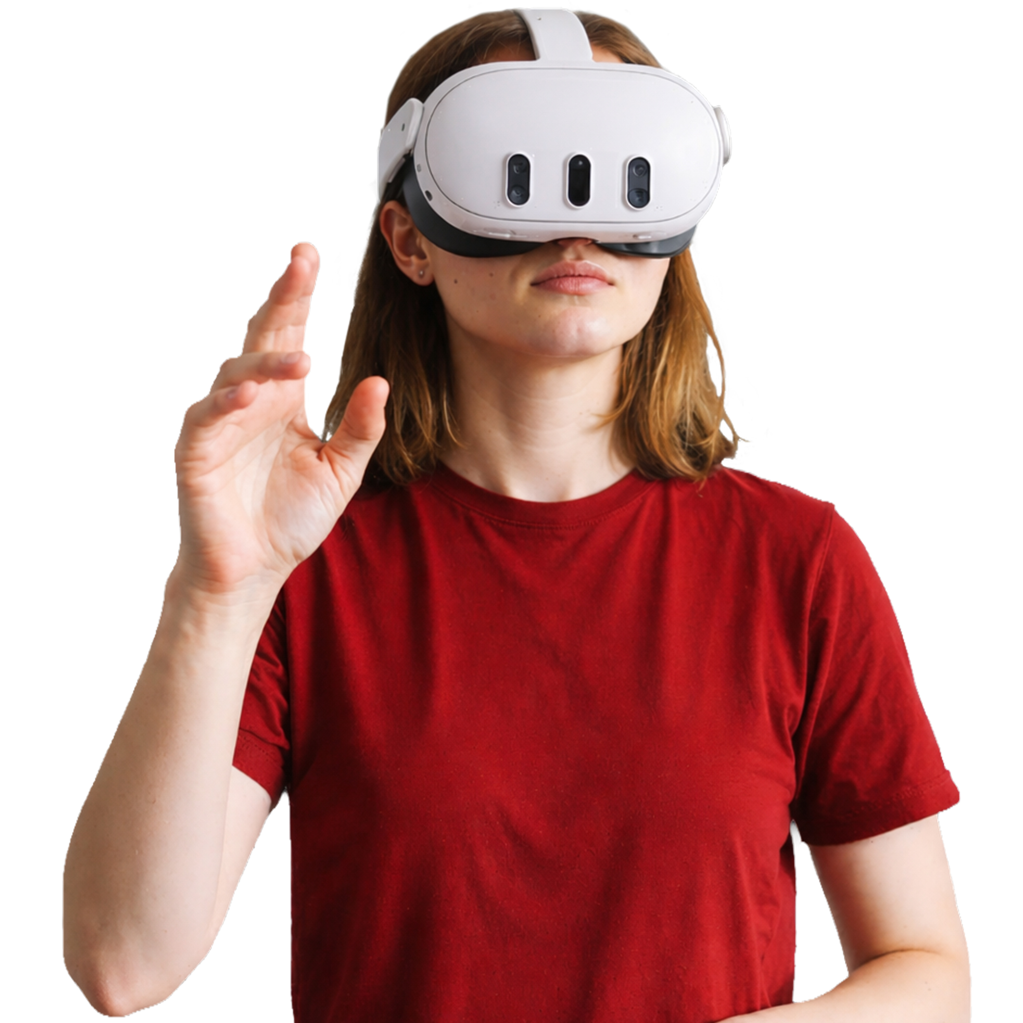 Frau in rotem Pullover mit VR-Brille