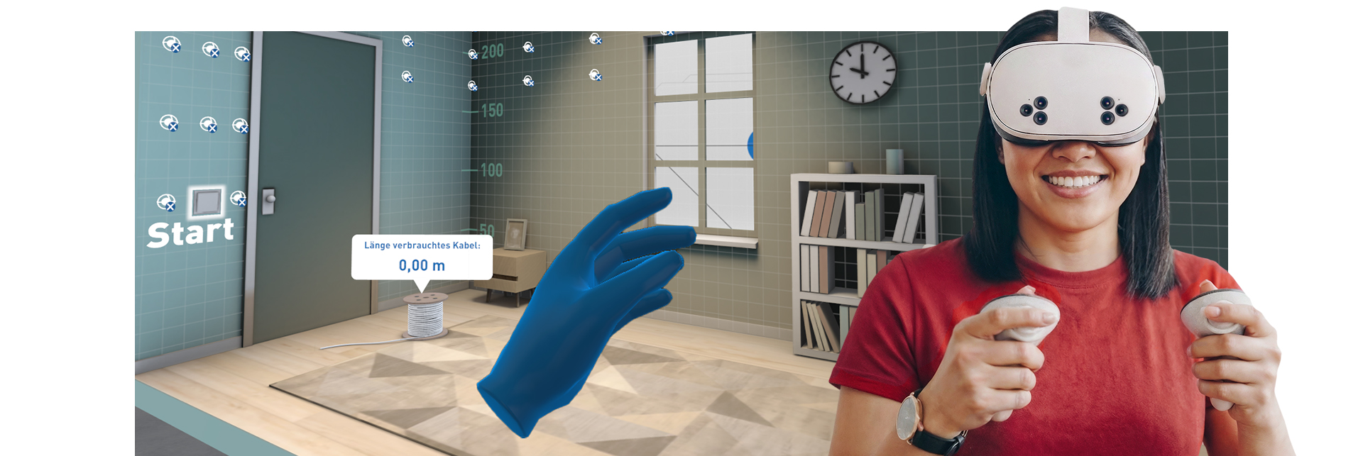 Nutzerin mit VR-Brille, im Hintergrund virtuelle Anwendung mit praxisnaher Berufsorientierung